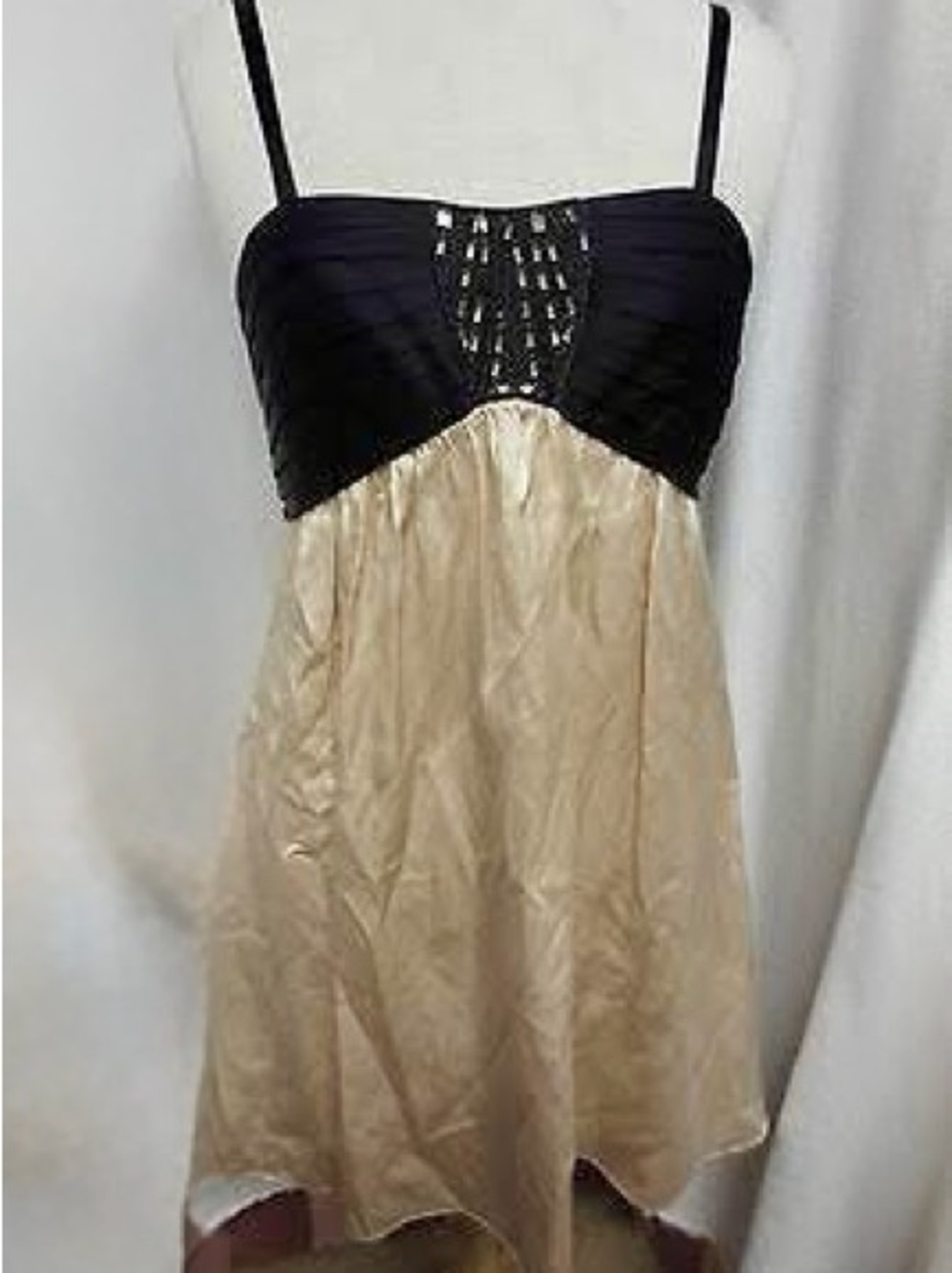 BCBG MAXAZRIA Y2K Silk Blend Beaded Babydoll Mini Dress Size 10 Black Champagne